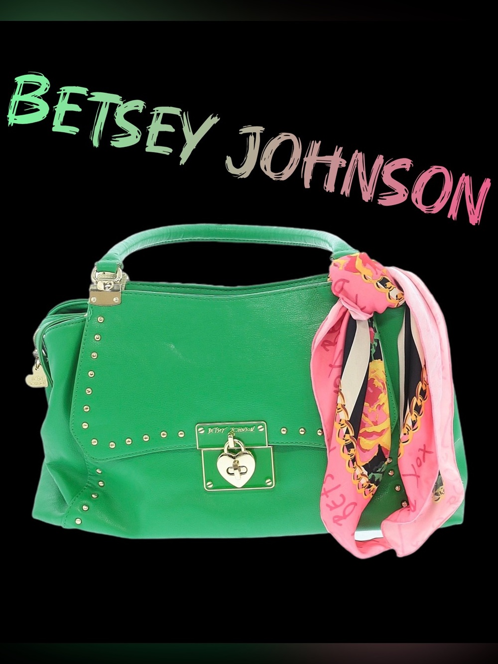 Betsey Johnson Faux Leather Heart Locket Green Satchel with Pink Scarf